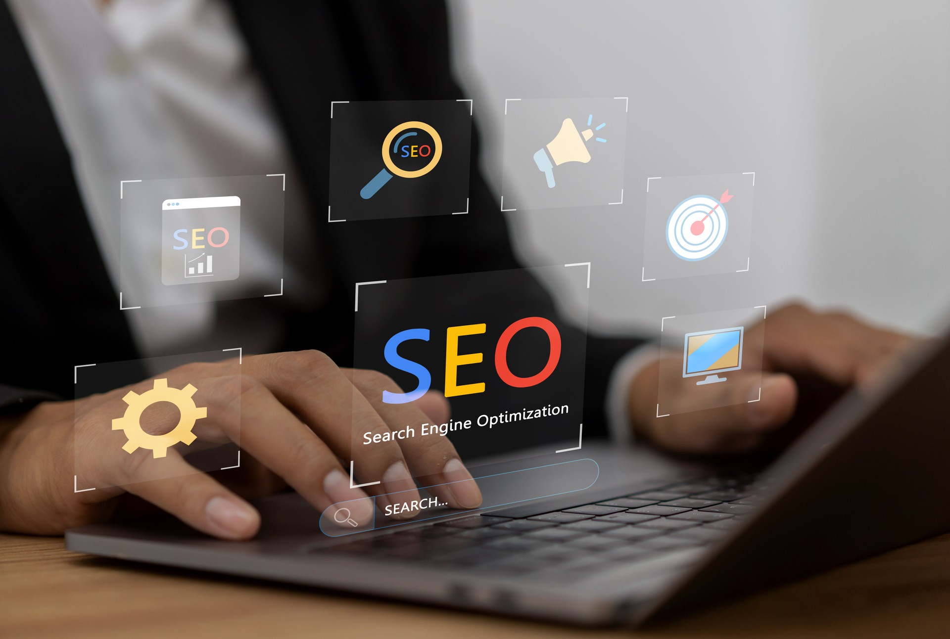 Human with search engine optimization, SEO networking concept, searching browsing Internet data Information, keyword research and digital marketing, analysis, traffic ranking, optimization website